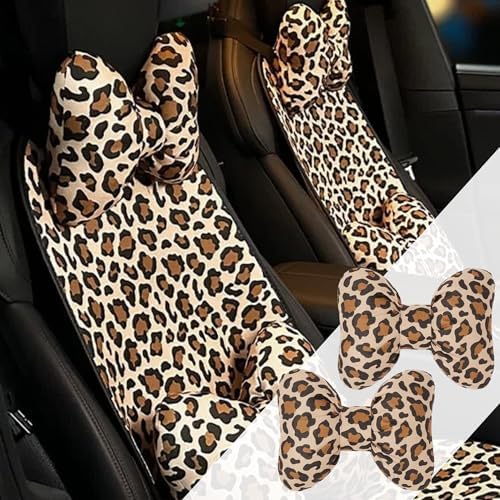 2PCS Chic Car Headrests with Bow-Shaped Cotton Linen Bowknot Neck Pillows for Cozy Road Trip & Cute Interior Decoration (Leopard)