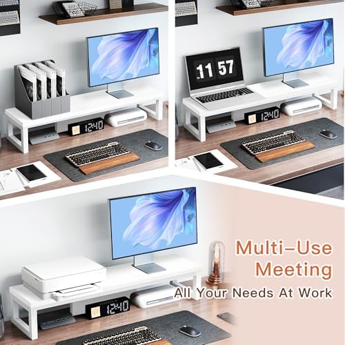 Dual Monitor Stand Riser, Large Computer Monitor Stand for 2 Monitors, Multi-Purpose Desk Organizers and Accessories, Wood and Steel Desk Shelf for Computer, Laptop, Printer, TV, White