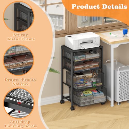 Sbanmao 4 Drawers Rolling File Cart with Wheels, Mobile File Cabinet, Black