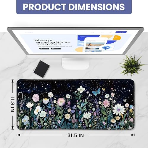 Aesthetic Desk Mat, Cute Celestial Garden Desk Pad Protector for Work & Decor, 31.5" x 11.8", Pretty Non-Slip Extended Mouse Pad for Office or Home