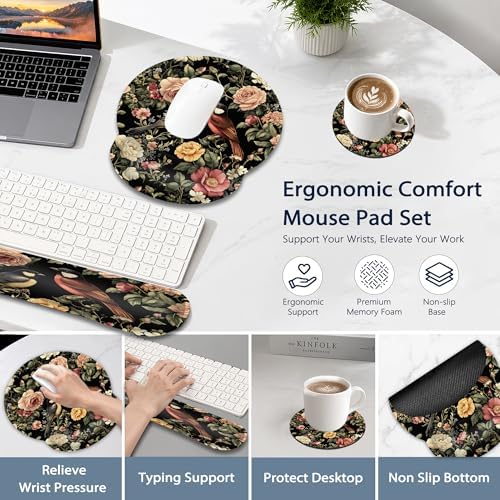 Vintage Rose Peony Floral Keyboard Wrist Rest Pad Ergonomic Mouse Pad Set,Bird 3 in 1 Memory Foam Mouse Pad with Non Slip Base for Office and Home