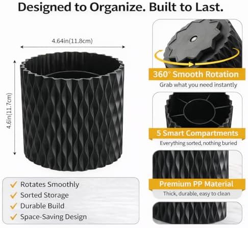 Black Pen Holder for Desk, 360° Rotating Pencil Organizer, 5 Slots