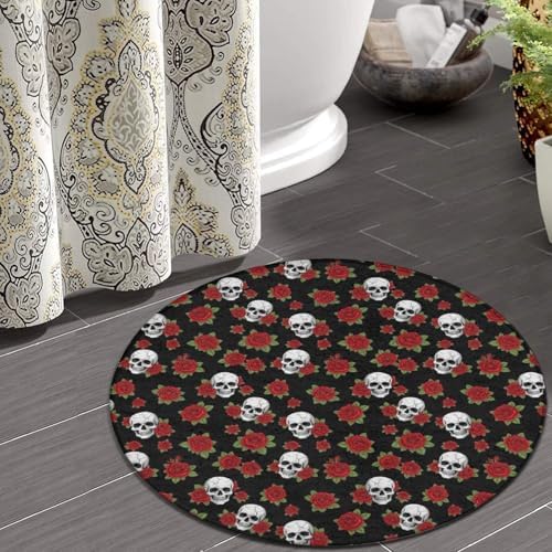 Large Home Decor Mat, Soft Round Yoga Carpet, Non Slip Machine Washable Kitchen Office Circle Rug Halloween Skulls Red Rose, 24inch