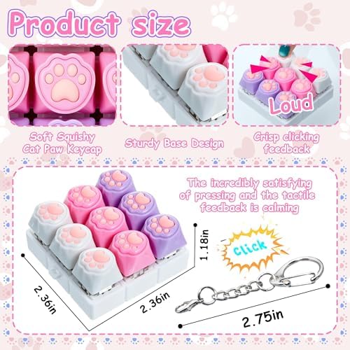 Cat Paw Keyboard Fidget Toy, Keyboard Fidget Keychain 9-in-1 Keyboard Decompression Button Finger Clicker Toys, Cute Soft Click Buttons Fidget Toy ADHD Sensory Fidget Toys Stress Relief Gifts(W-P-P)