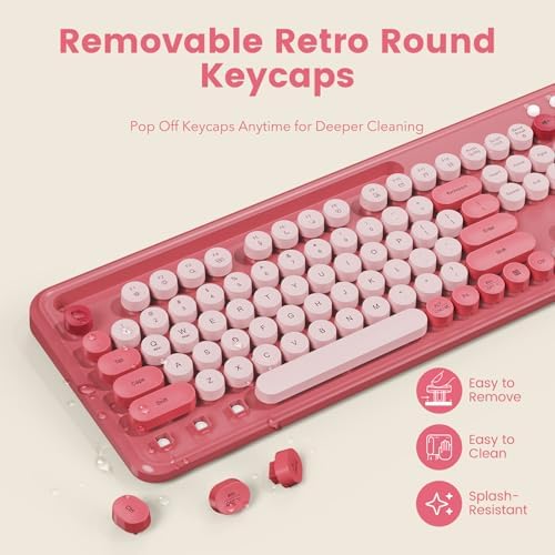 Wireless Keyboard and Mouse Combo, Retro Round Keycaps, Full-Size Stylish Typewriter Keyboard with Large Phone/Tablet Holder, 3-Level DPI Ergonomic Mouse, 2.4GHz Cordless for Windows PC, Rose Pink