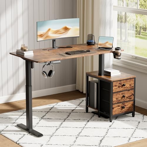 REAHOME 55 Inch Rustice Brown Height Adjustable Standing Desk with Drawers