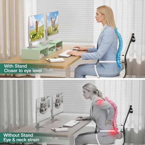 OPNICE Dual Computer Monitor Stand Riser, Desk Organizer with Drawer, Office Desk Accessories & Workspace Organizers for Home Office Supplies, Green