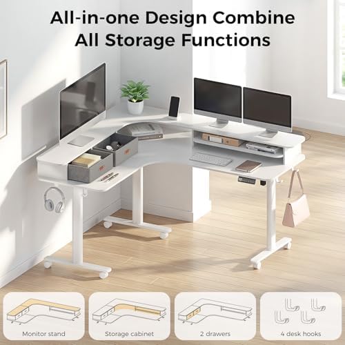 2-Tier L Shaped Electric Standing Desk with Drawers, 63 x 55 Height Adjustable Desk with Memory Controller, Storage, Ergonomic Corner Desk Sit Stand up Computer Table for Home Office, White