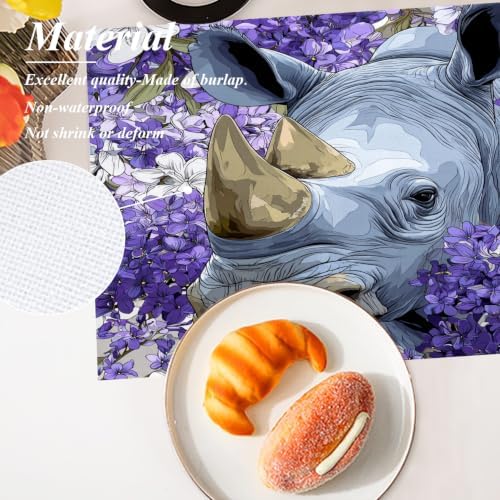 Shrahala Wild Rhinoceros Placemats, in Purple Flowers Table Mat Linen Burlap Washable Double-Deck Heat Insulation for Dining/Kitchen Table Set of 6 (12 X 18 Inch)