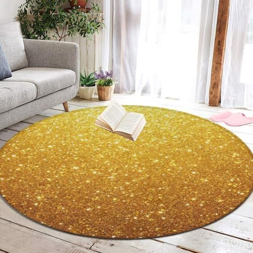 Home Decor Non Slip Kitchen Office Circle Rug, Machine Washable Modern Round Area Rug, Room Sofa Yoga Soft Round Carpet Beautiful Gold Shining Glitter Sparkles Pattern