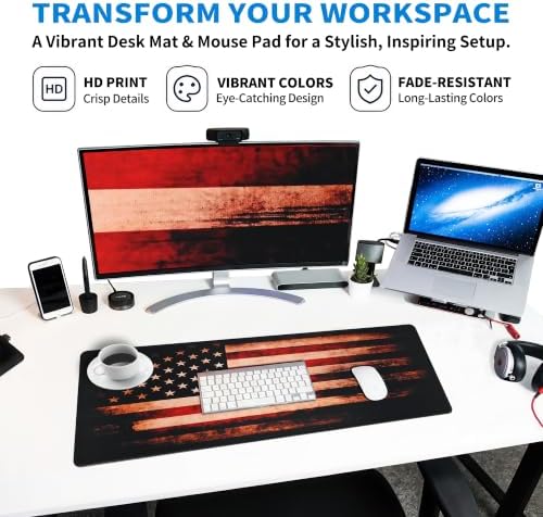 Extended American Flag Desk Mat, XL Large Gaming Mouse Pad, Vintage Retro Style Stitched Edges Waterproof with Non-Slip Rubber Base for Computer Keyboard Laptop Work Home Office 31.5"x11.8"