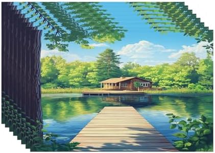 Batmerry Retreat Wooden Structure Linen Placemats Set of 8, Forest Setting Water Body Washable Table Mats for Kitchen Table Thickened Heat Insulation Dining Set Indoor Outdoor 12X18 in
