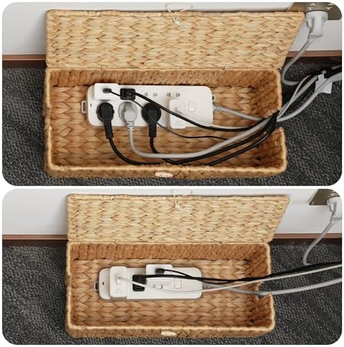 Posprica Cable Management Box with Lid, 2Pack Handwoven Real Water Hyacinth Cord Hider Organizer Boxes, 2 Side Open Slots Storage Box to Hide Cords Power Strip for Desk, Floor, Office