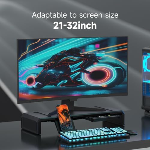 Heymaster Monitor Stand Riser with Drawer, Foldable & Adjustable Length Computer Stand with Phone & Tablet Holder, Space Saving Desk Organizer Shelf for Home Office, Laptop, Desktop