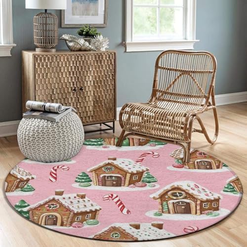 Large Home Decor Mat, Soft Round Yoga Carpet, Non Slip Machine Washable Home Office Circle Rug Pink Xmas Gingerbread House Christmas