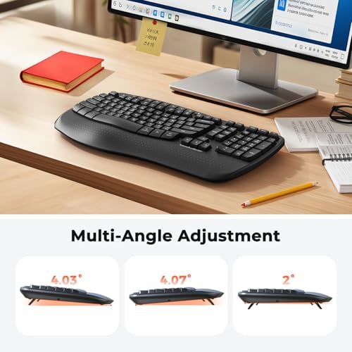 MEETION Wireless Ergonomic Keyboard with Wave Keys and Wrist Rest - Black