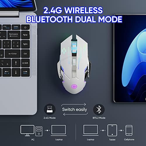 MELOGAGA Wireless Gaming Mouse Bluetooth/2.4G RGB Rechargeable -White