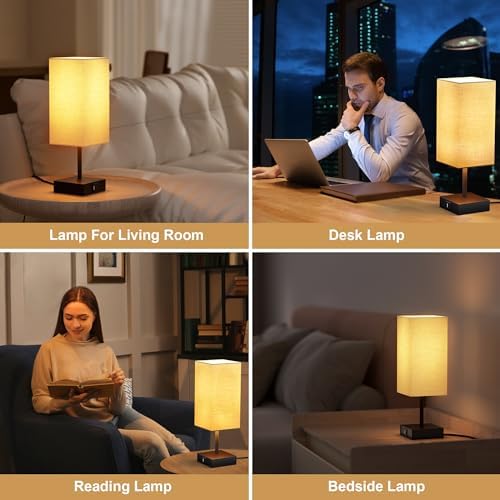 Bedside Table Lamp for Bedroom with 2 USB Ports, 14-Inch, Beige