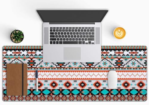 Large Gaming Mouse Pad with Stitched Edges, Colorful Aztec Pattern Desk Mat, Extended XL Keyboard Pad, Non-Slip Rubber Base Desk Pad for Keyboard and Mouse, 31.5X11.8 inch