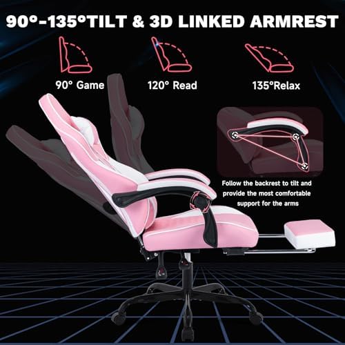 Pink Ergonomic Gaming Chair for Adults with Footrest and Massage
