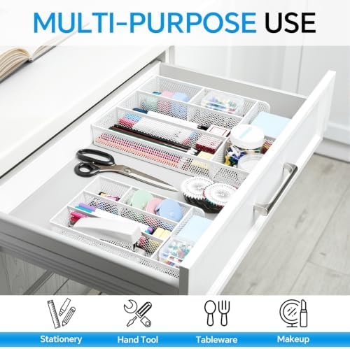 Desk Drawer Organizer, Office Drawer Divider Organizer Tray with 6 Compartments, Metal Mesh Desktop Organization and Accessories for Stationery Makeup Kitchen Toolroom School ＆ Office (Large-White)