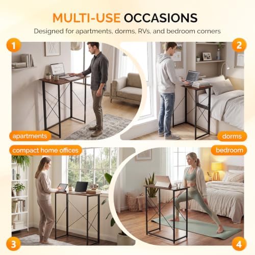 VINGLI 31.5" Folding Desk for Small Spaces, Standing Laptop Desk, Brown