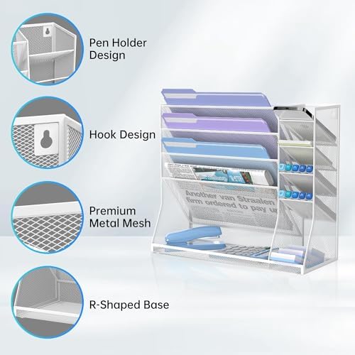 5-Tier Wall File Organizer and Wall File Holder with Bottom Tray, White