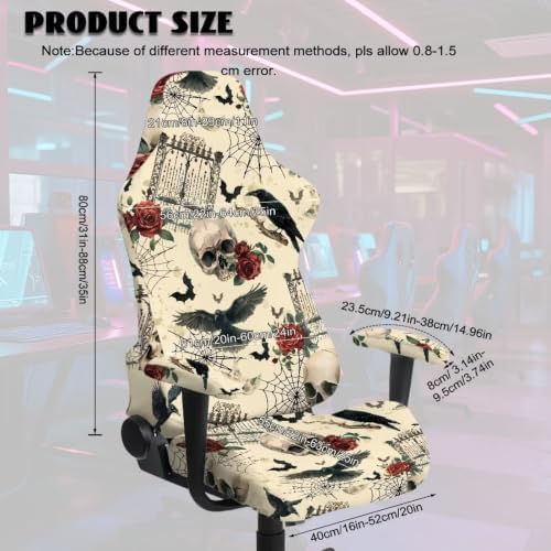 Halloween Vintage Skull Rose Gothic Gaming Chair Cover Stretchable Game Chair Slipcovers with 2 Armrest Covers, Scratch-Proof Gamer Desk Chair Covers for Computer Office Seat