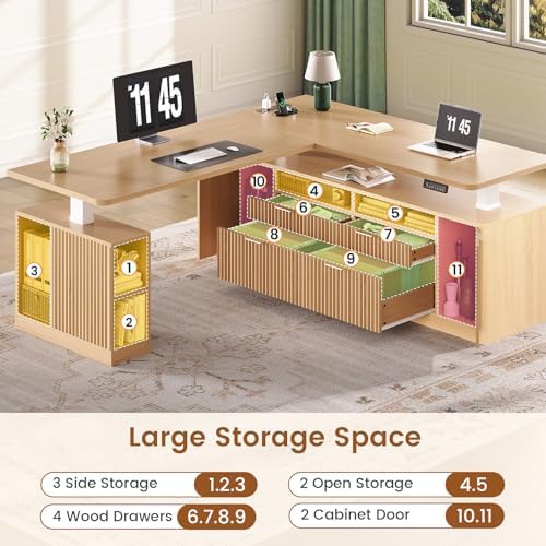 SEDETA Fluted L Shaped Executive Electric Standing Desk with 4 Drawers