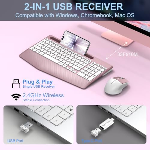 Rechargeable Silent Wireless Keyboard and Mouse Combo, Ergonomic Wrist Rest & Phone Tablet Holder, USB-C Adapter Included, 2.4G Lag-Free Cordless Set for Windows Mac Laptop PC Home Office (Rose Gold)