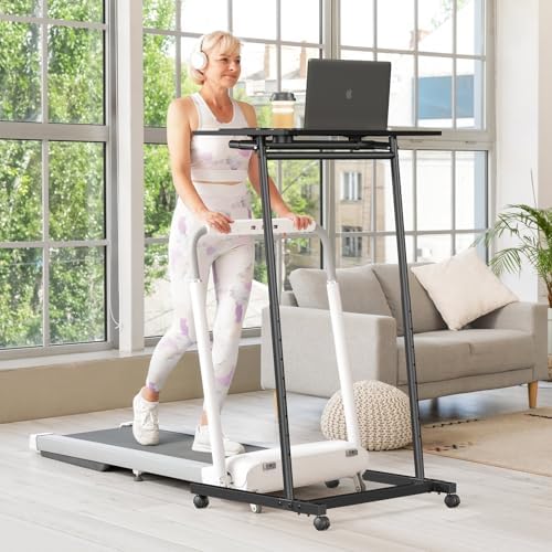 Eocnrhe Treadmill Desk, Mobile Small Standing Desk with Wheels for Walking Pad, Portable Table for Laptop, Rolling Table Adjustable Height, Bedside Table，Black