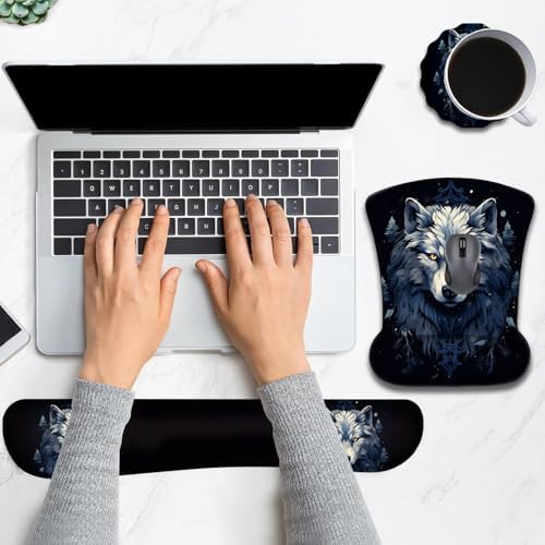 Keyboard Wrist Rest and Mouse Pad Wrist Support with Lace-Shaped Coaster Set, Ergonomic Gel Memory Foam and Anti-Slip Base, Easy Typing and Pain Relief - Night Moon Wolf