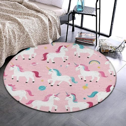 Men's Large Home Decor Mat, Soft Round Yoga Carpet, Non Slip Machine Washable Home Office Circle Rug Unicorns Pink