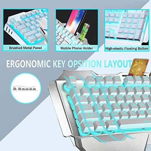 Wireless Keyboard and Mouse, Blue LED Backlit Rechargeable Keyboard with 3800mAh Battery, Metal Panel, Removable Hand Rest Mechanical Feel, 7 Color Gaming Mute Mouse for PC Gamers