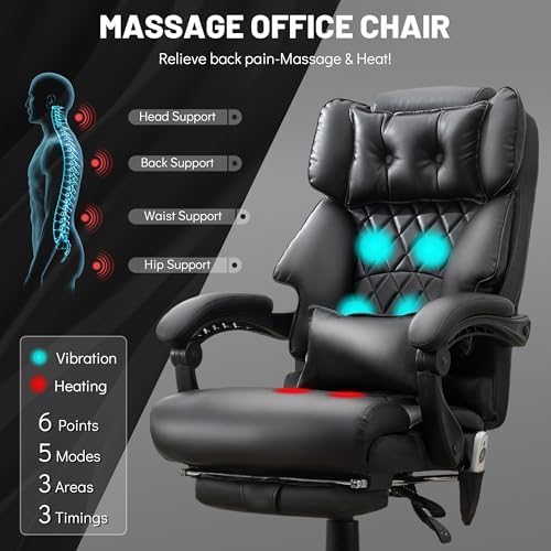 Massage Office Chair with Foot Rest,6 Points Vibration & Heat Executive Office Chairs,Big and Tall Office Chair 500LBS,Ergonomic Desk Chair for Heavy People,Recliner with Dual-Use Pillow,Black PU