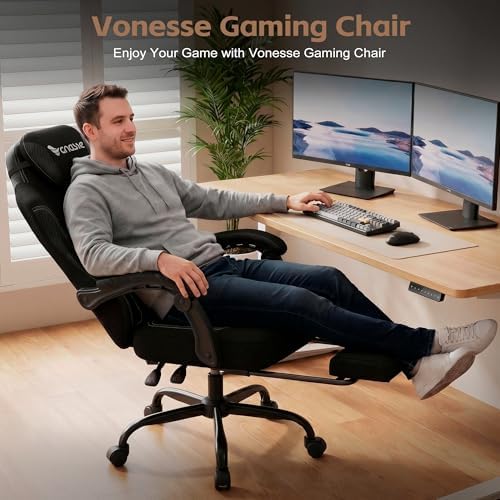 Vonesse Gaming Chair, Desk Chair with Linen Breathable Mesh Fabric, Office Chair with Adjustable Lumbar Support, Computer Chairs with Footrest and Headrest (Black)