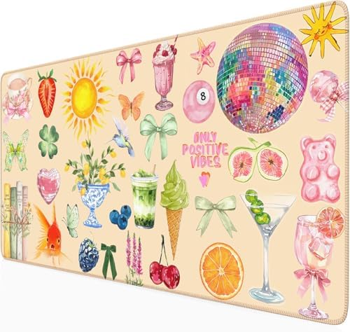 Cute Pink Boho Pastel Desk Mat Colorful Desk Mat for Keyboard and Mouse XXL Large Mouse Pad Desk Pad Mat Floral Cozy Aesthetic Desk Decor for Women Girl Teacher