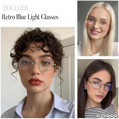 Dollger Oval Blue Light Glasses for Women Retro Anti Bluelight Blocker Glasses Men for Computer Small Metal Frame Eyeglasses