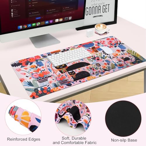 Petmolico 4-in-1 Wrist Rest Set with Desk Pad, Cat and Flowers