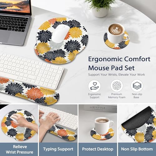 Keyboard Wrist Rest Pad Ergonomic Mouse Pad Set,Vintage Orange Black Dehlia Flowers 3 in 1 Memory Foam Mouse Pad with Non Slip Base for Office and Home