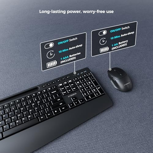 KYSONA Wireless Keyboard and Mouse Combo, Full Sized Cordless Keyboard with Wrist Rest, Phone Holder, 2.4G 3 DPI Adjustable Optical Mice Keyboard for Computer/Laptop/PC/MAC/Windows, Black