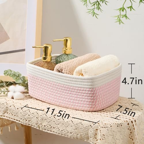 MiniArk Small Storage Baskets for Organizing | Closet Organizer Bins | Shelf Toy Basket | Woven Rope Baskets | Cube Decorative Box | Shallow Basket | 11.5x7.5x4.7” | 4 Packs White Pink