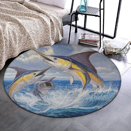 Large Round Area Rug Home Decor Modern Bathroom Rug Kitchen Office Circle Rug for Living Room Sofa Circle Cute Mat Whimsical Fish Painting, 24inch