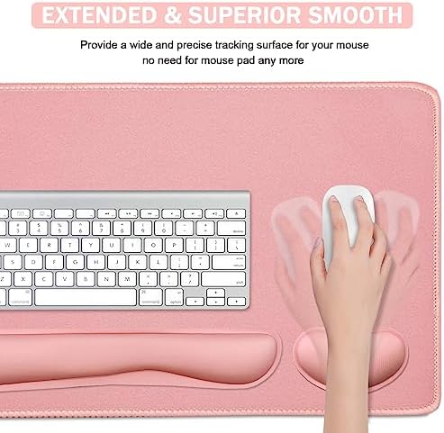 4-in-1 Large Gaming Mouse Pad, Keyboard Wrist Rest Pad & Wrist Support Mousepad Set, Extended Desk Pad Waterproof Desk Mat for Home Office Study Game-Pink