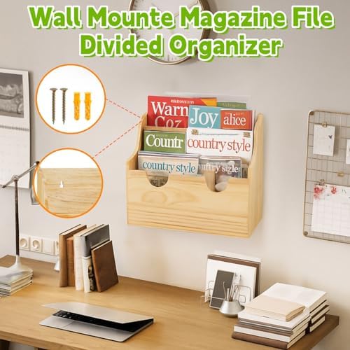Wall Mounted Wood File Holder, 4 Tiers Magazine Organizer