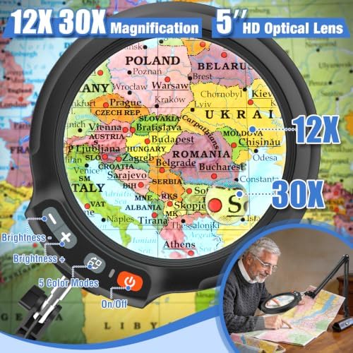 30X 12X Large Magnifying Glass with Light and Clamp, 5-Inch Optical HD Lens