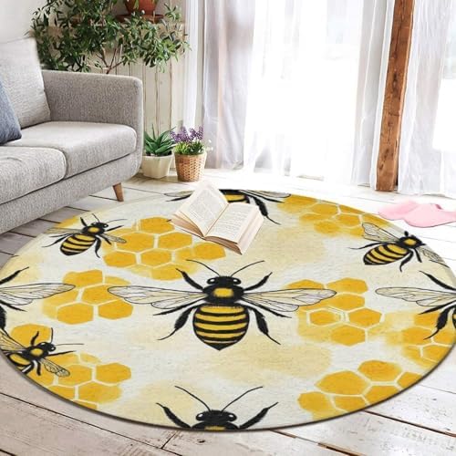 Large Home Decor Mat, Soft Round Yoga Carpet, Non Slip Machine Washable Kitchen Office Circle Rug Yellow Bee