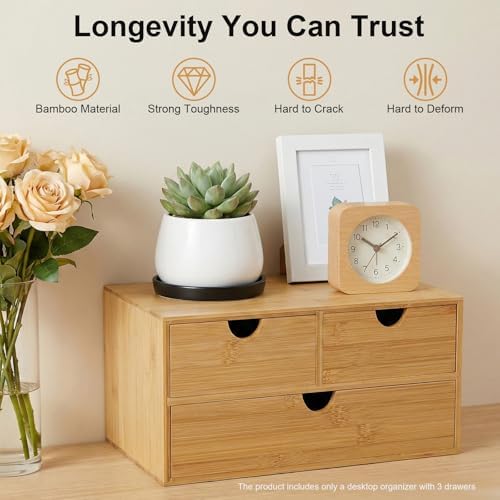 3 Drawers Bamboo Desk Organizer, Tabletop Storage Organization Multifunctional Desktop Organizer Office Wooden Drawer Mini Wood Desk Drawers Organizers for Home Office No Assembly Required
