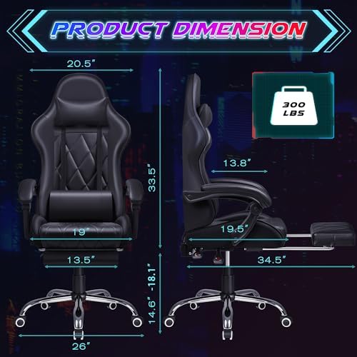 Shahoo Gaming Chair with Footrest and Massage Lumbar Support, Computer Game Chairs Ergonomic Office Seat Height Adjustable with Headrest, Black