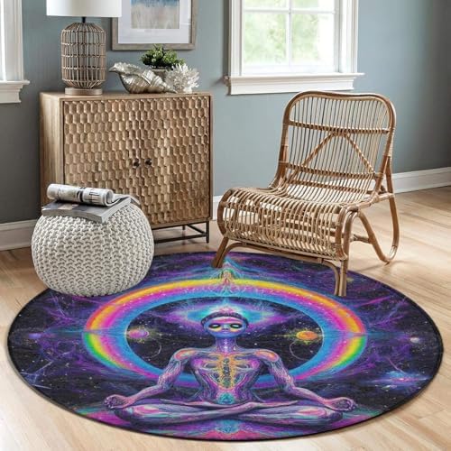 Highly Premium Quality Floor Mat, Office Chair Decor Mat, Room Sofa Yoga Soft Round Carpet Trippy Blue Tie Dye Space Alien Meditation Art, 24inch